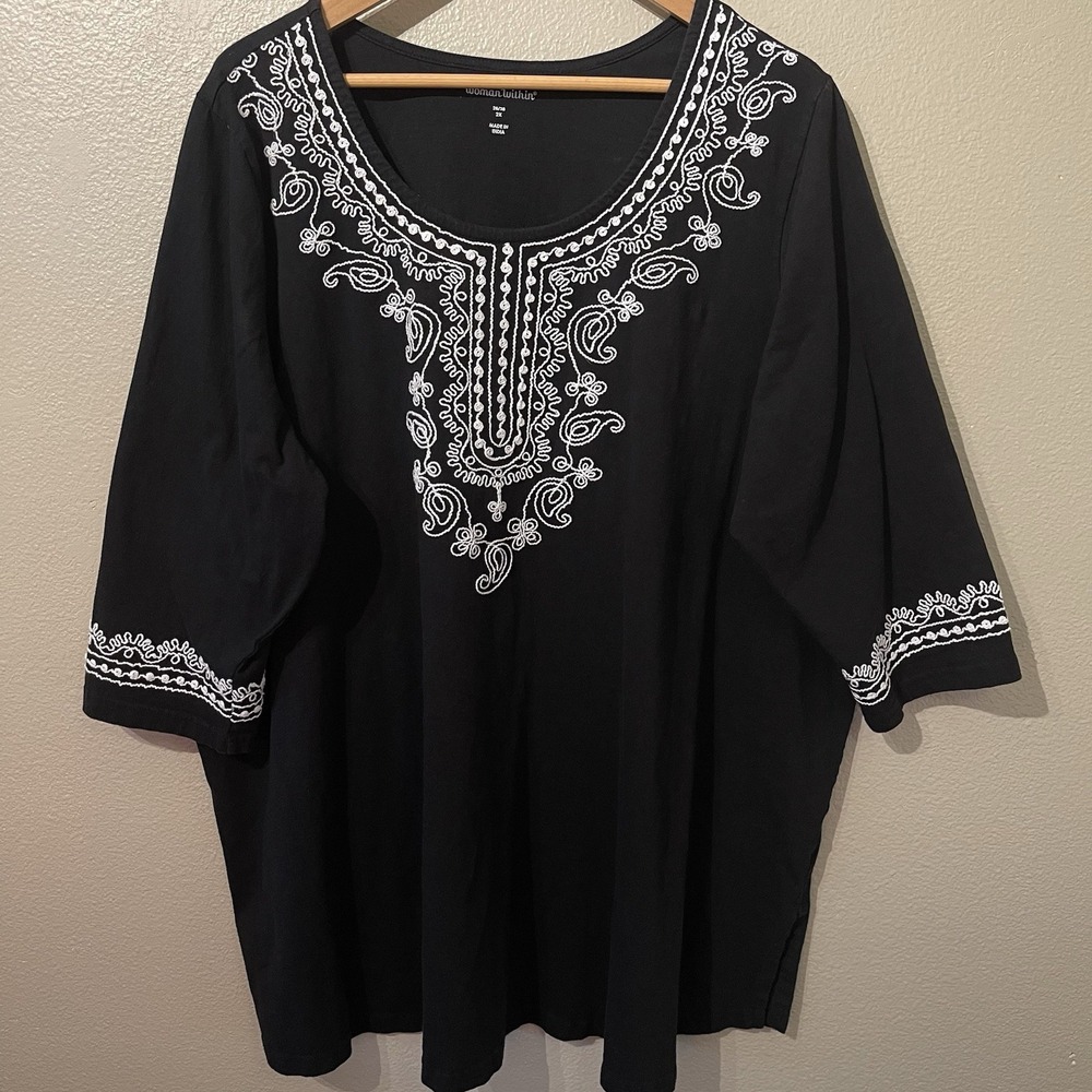 Woman Within Embroidered Cotton Tunic Top Shirt Black Boho Plus Size 2X (26/28)